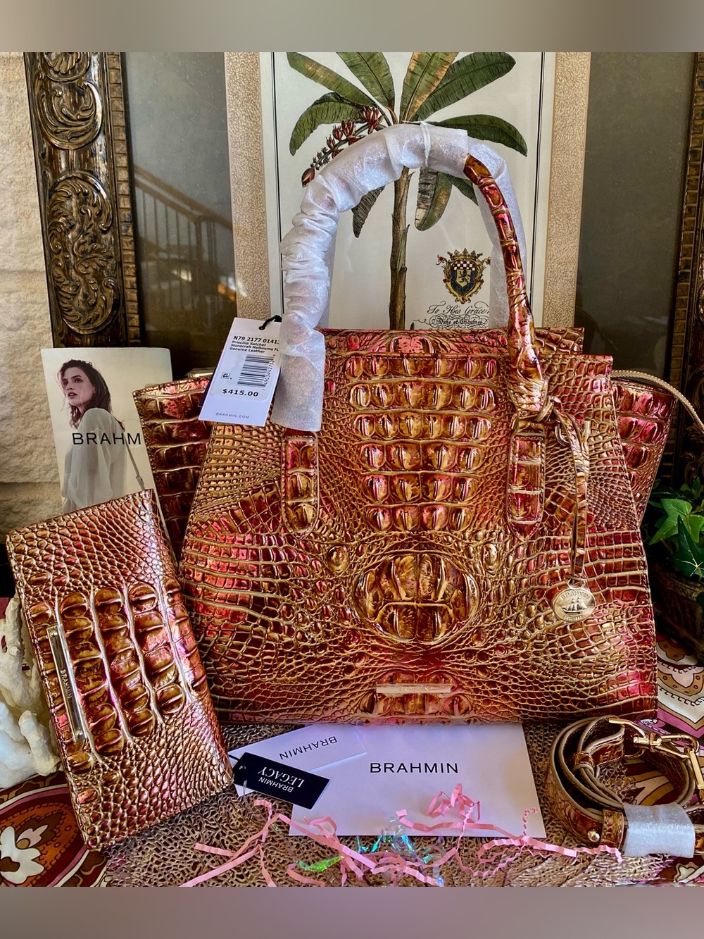 MESMERIZING PINK and COPPER STONECRAFT Brahmin PRISCILLA Satchel with Wallet